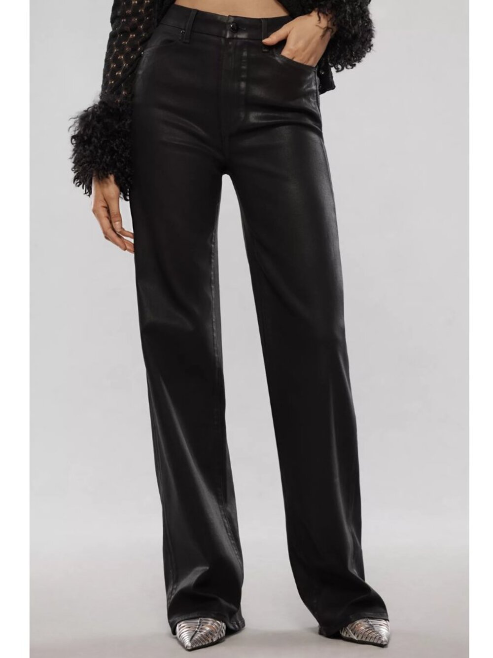 NWOT PAIGE Sasha High Rise Coated Wide Leg Jeans Black 24